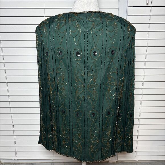 Emerald Beaded Jacket Vintage Gatsby Gold Sequins Formal Party/ Holiday SZ Large - Picture 6 of 9